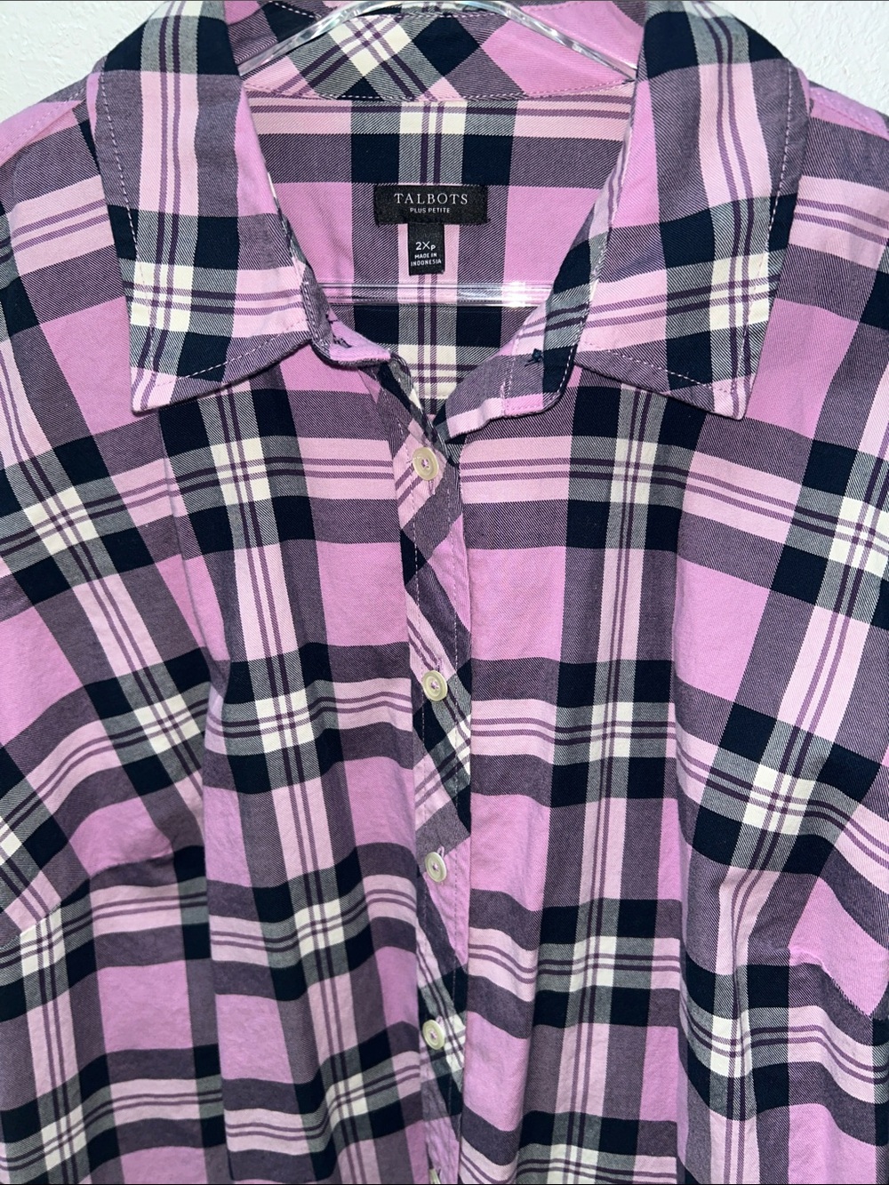 Talbots Plus Cotton Purple Black Plaid Long-Sleeve Button-Down Shirt 2XP EUC